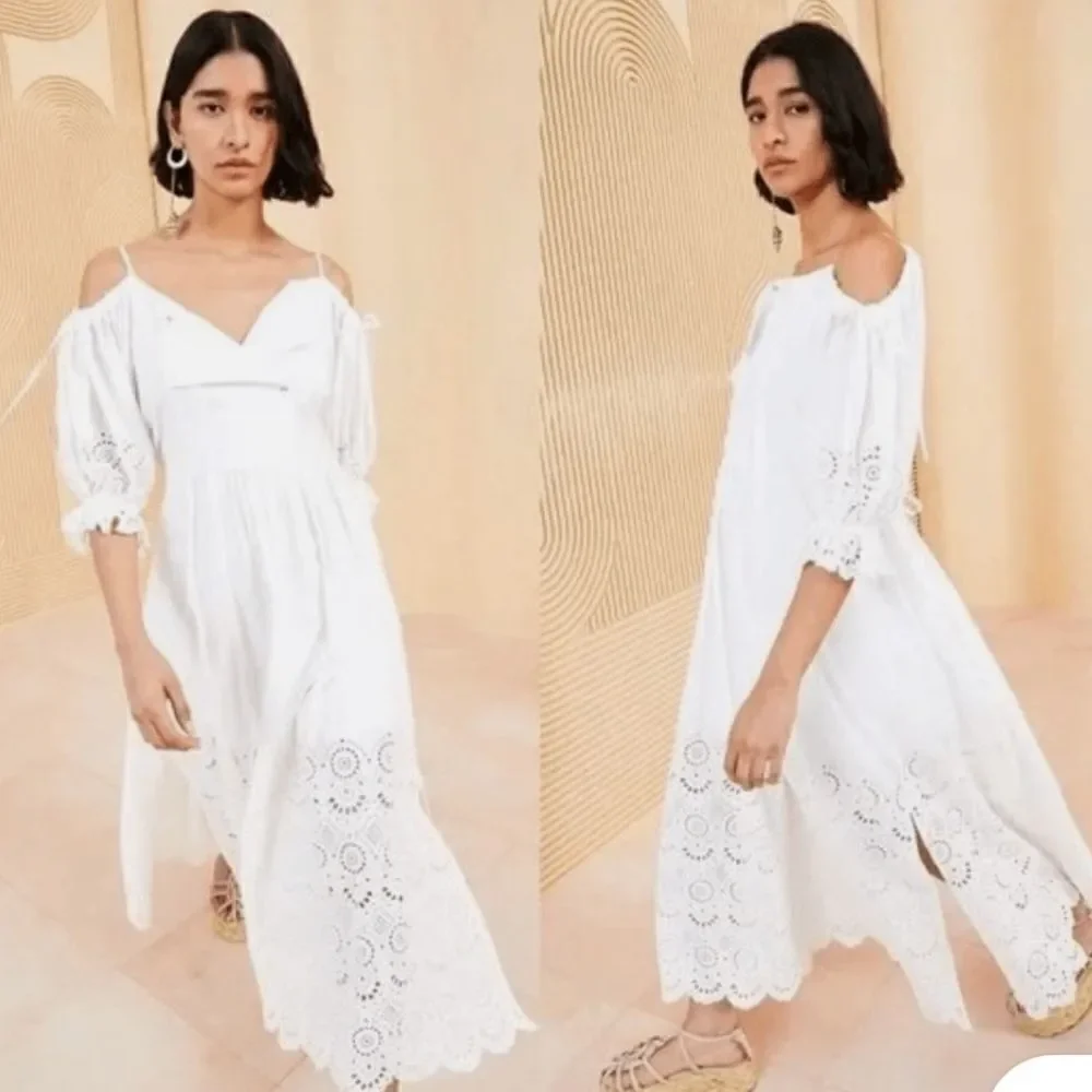ULLA JOHNSON Narcisa cold-shoulder broderie anglaise cotton maxi dress size 8